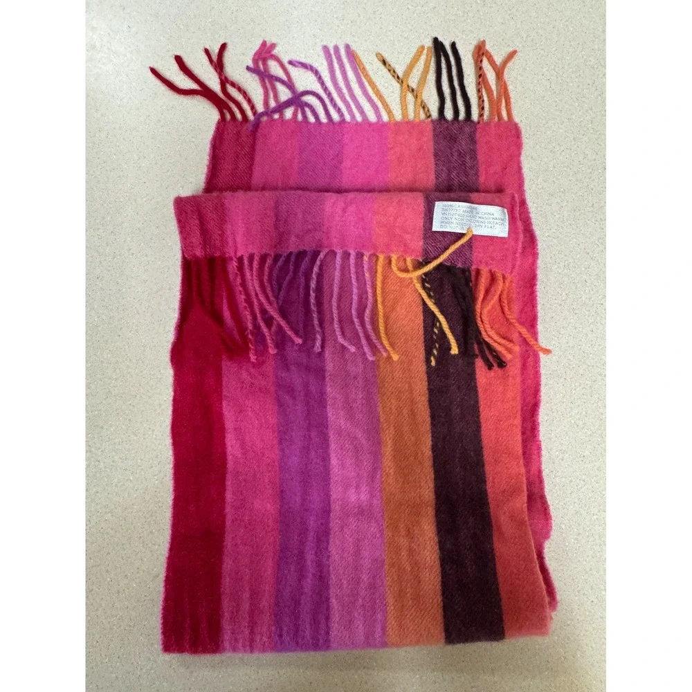 Cashmere Woven Striped Fringe Scarf Pink Purple Orange Black 55 x 20 Women